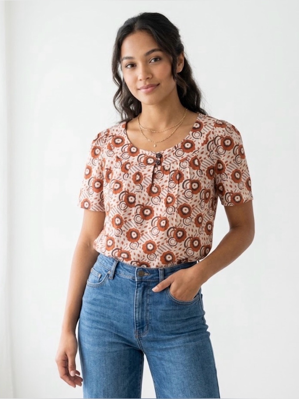 Banana Republic Silk Cotton Floral Short Sleeve Blouse S | Terracotta Retro 70s